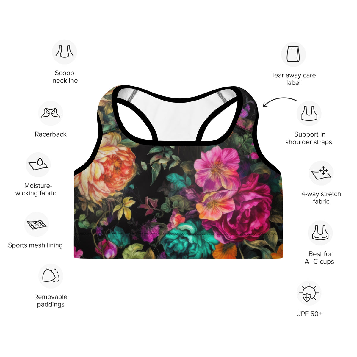 black standard sports bra with black piping and vivid purple orange pink and teal floral feminine botanical pattern showing the front on a features diagram including moisture-wicking fabric, 4-way stretch, and removable padding