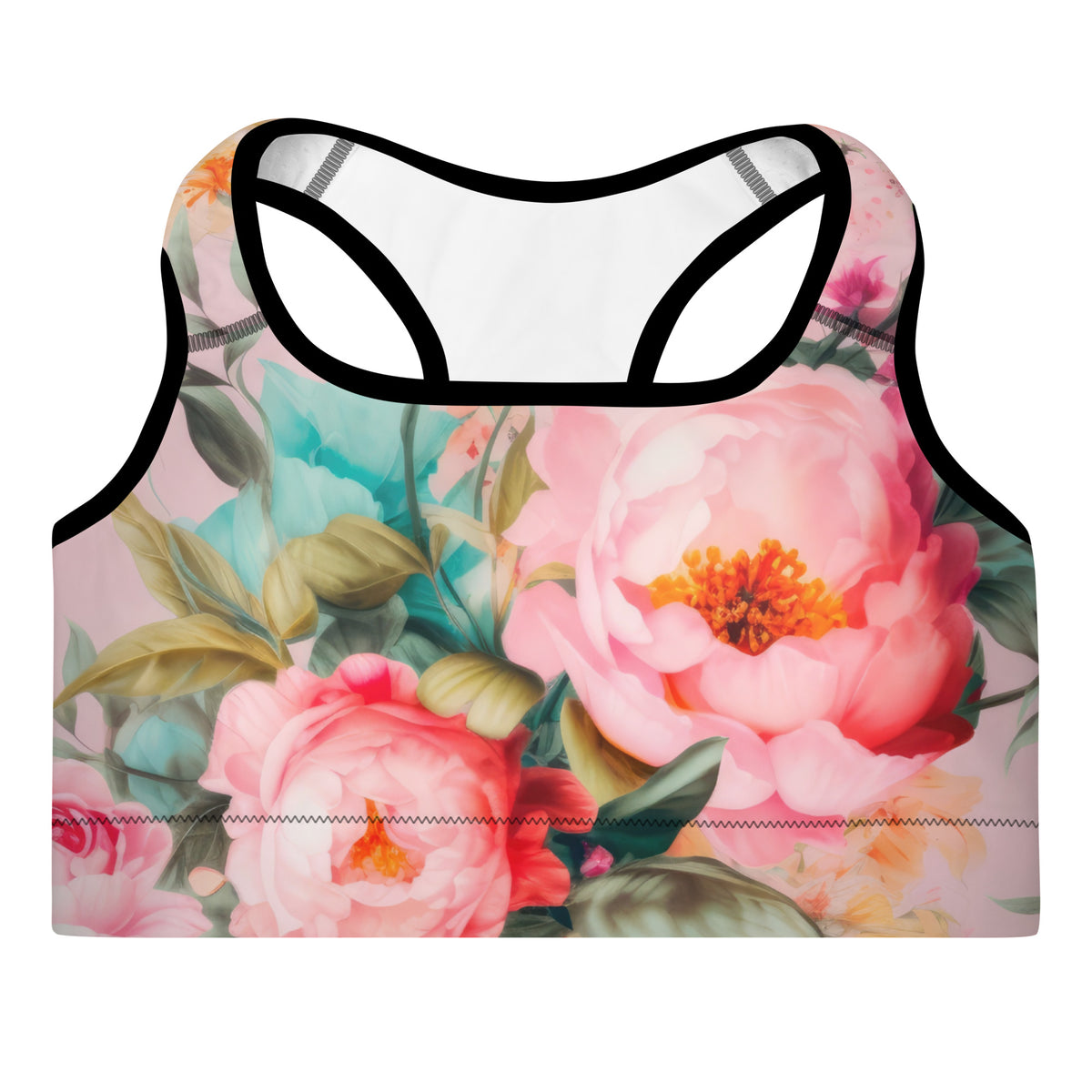 baby pink sports bra with black piping with a colorful floral botanical pattern on it front view