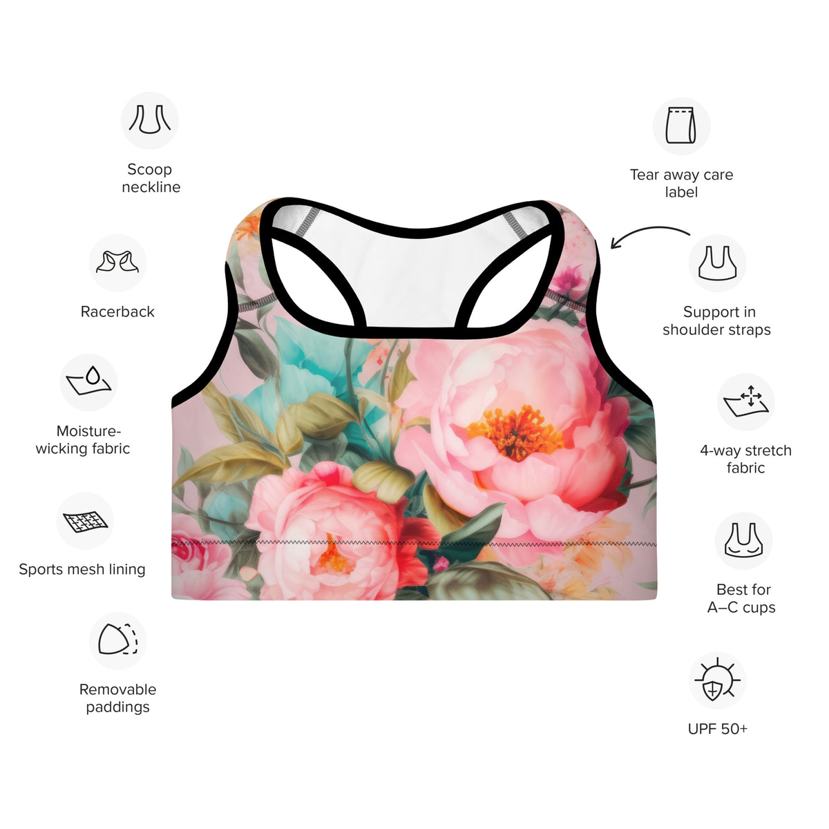 baby pink sports bra with black piping with a colorful floral botanical pattern on it front view on diagram showing features such as 4-way stretch, moisture-wicking fabric, and removable padding