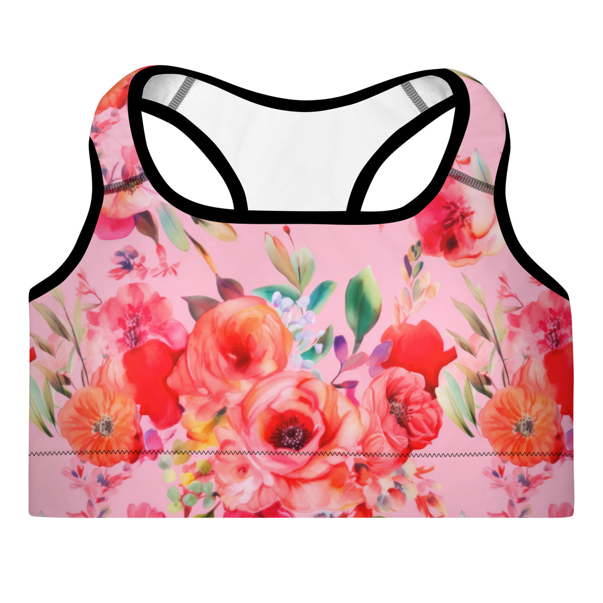 pink sports bra with black piping with colorful floral botanical pattern on it front view