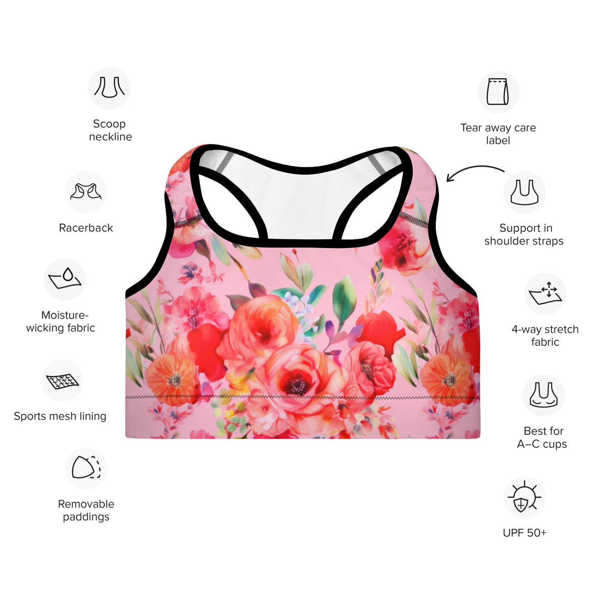 Diagram of pink sports bra with black piping with colorful floral botanical pattern on it front view showing features of 4-way stretch, moisture-wicking fabric, and removable paddings