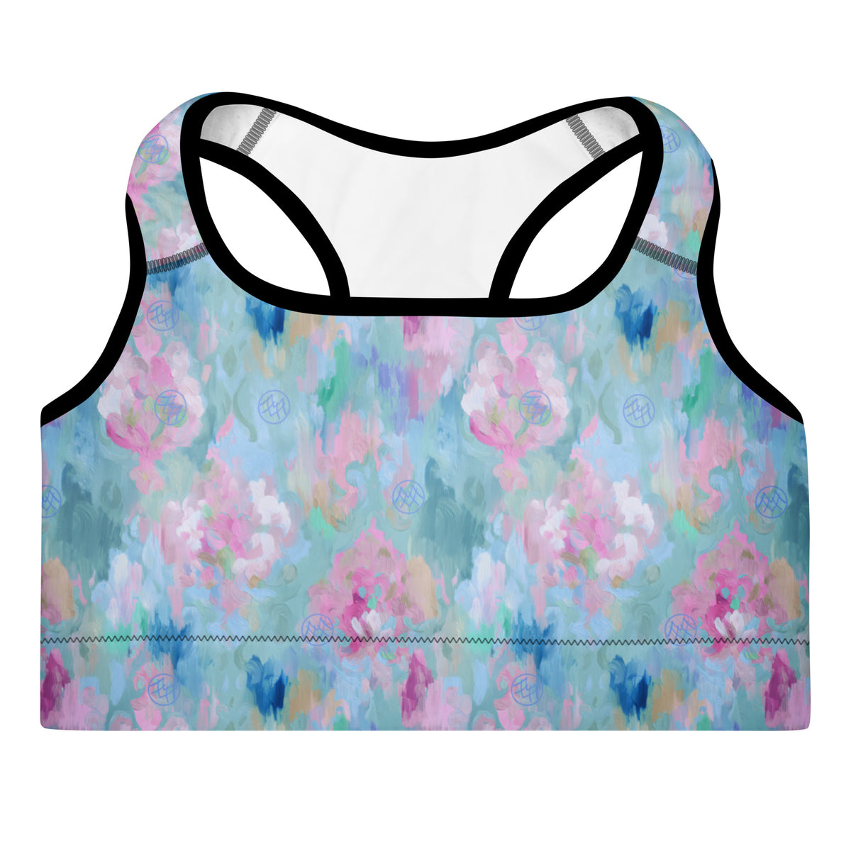 powder blue standard sports bra with black piping with teal navy pink beige and magenta abstract pattern showing the front