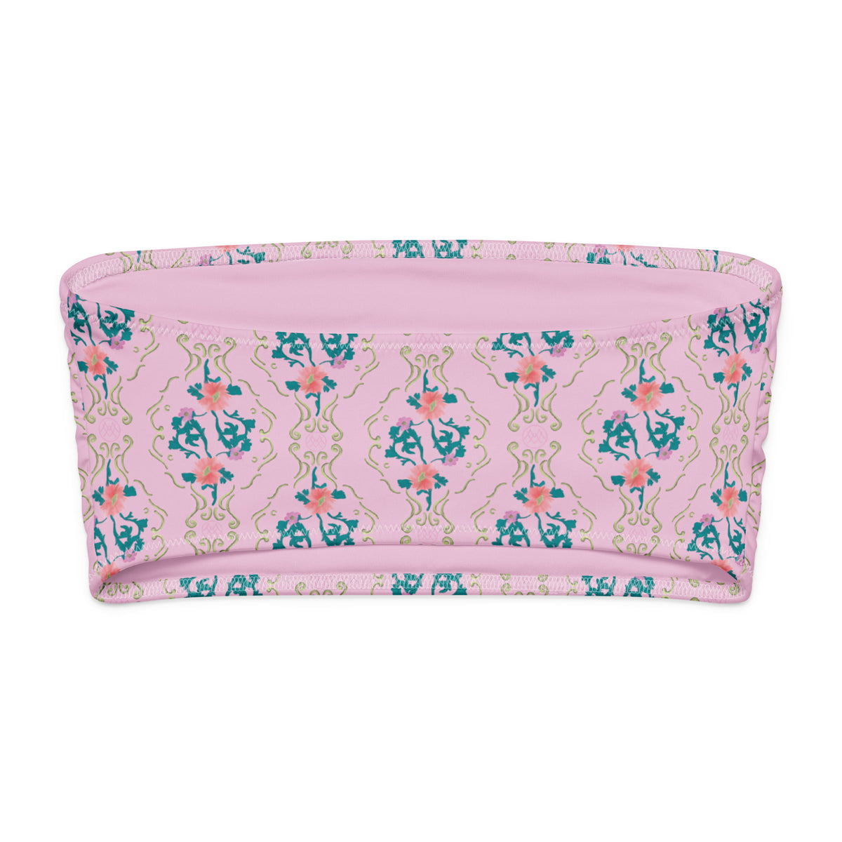 Petal Parlor coquette bandeau bikini top with pastel pink, teal, coral pink, lavender and sage green ornamental floral pattern back