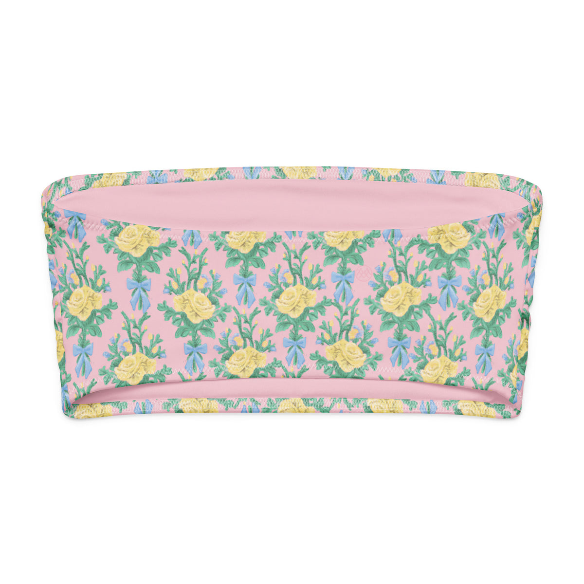 Buttercream Roses coquette bandeau bikini top with blush pink, buttery yellow roses, mint green foliage and powder blue bows back