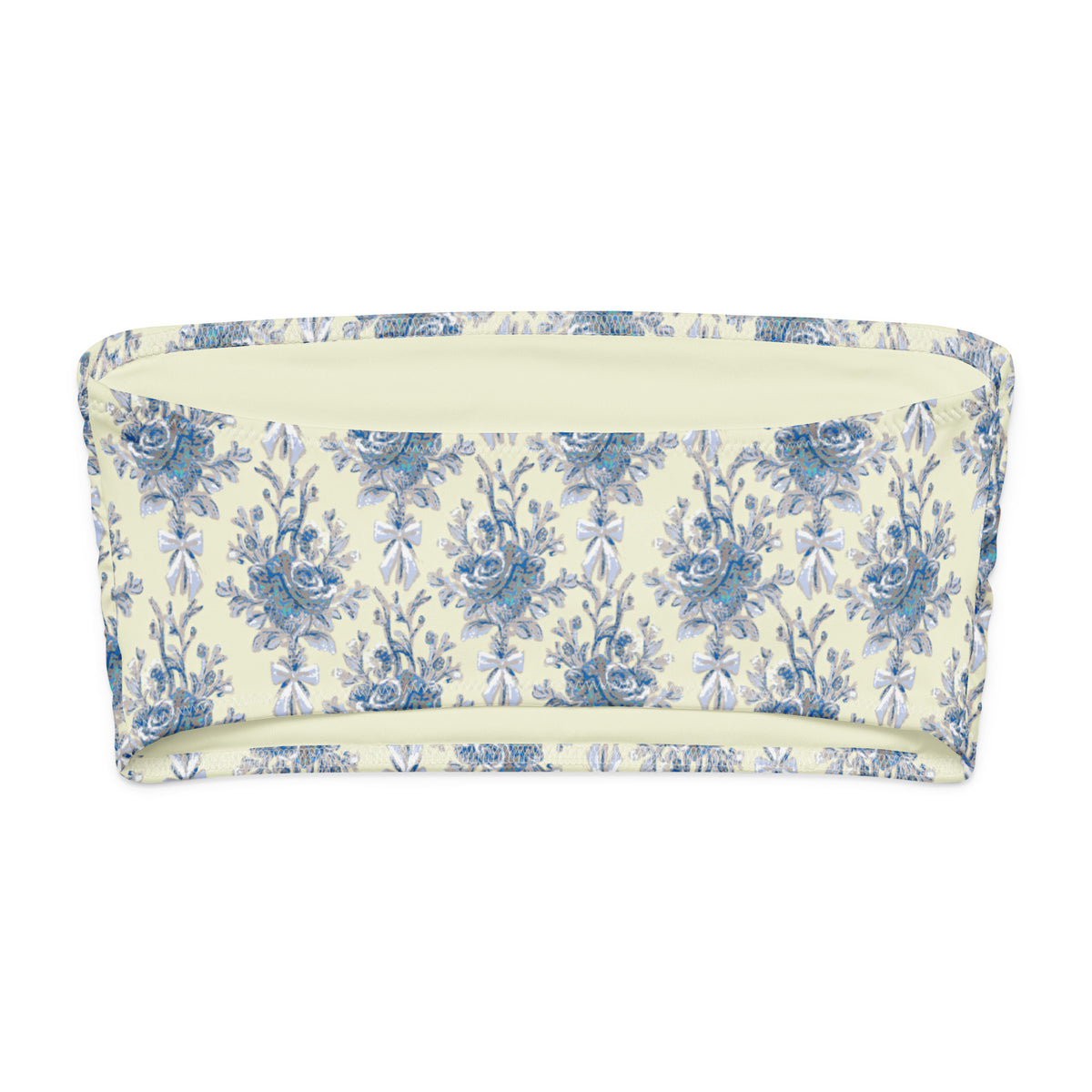 Tasteful Teacup coquette bandeau bikini top with buttercream yellow, blue roses, powder blue foliage and dainty blue bows back