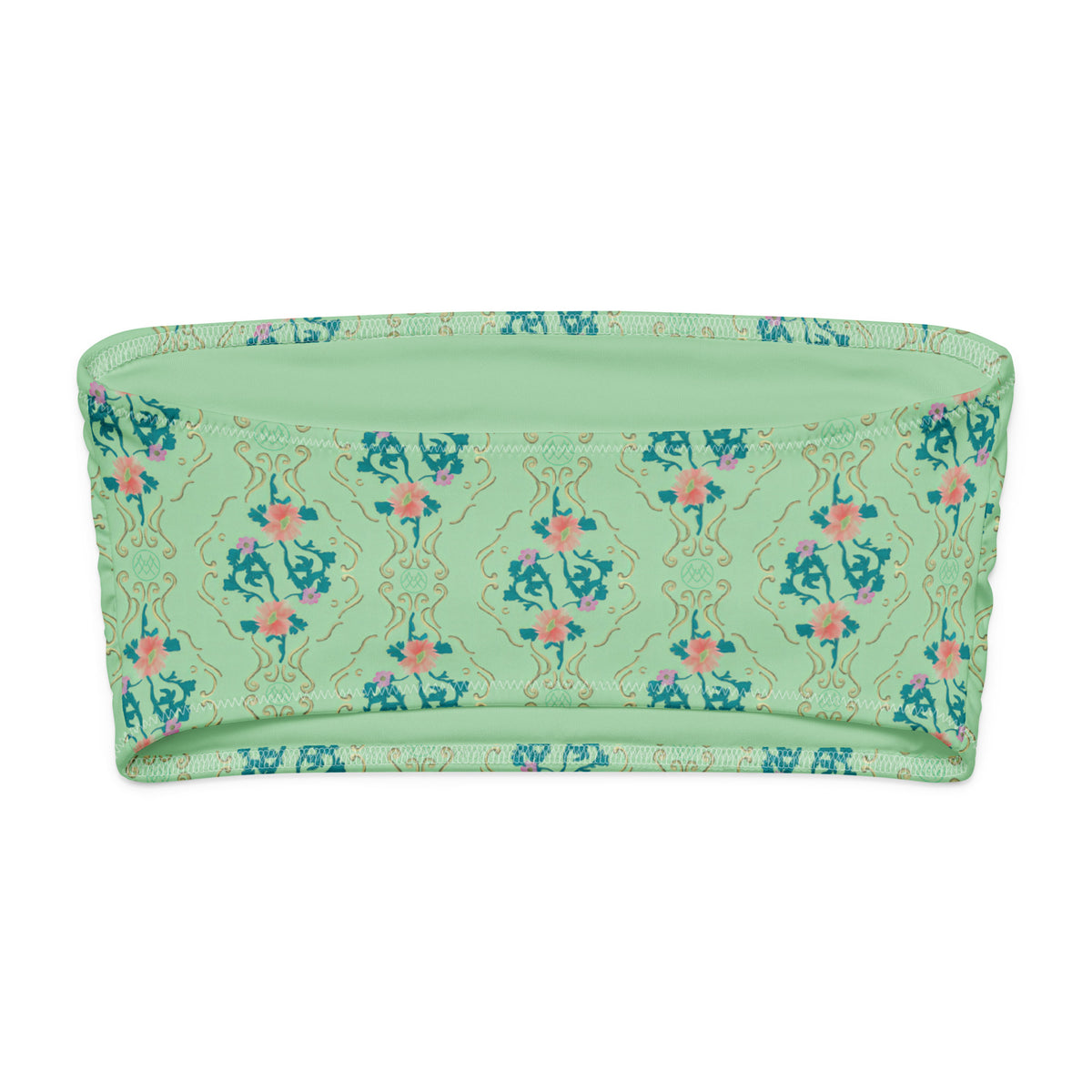 Blushwood Manor coquette bandeau bikini top with mint green, teal blue, blush pink and golden beige ornamental floral pattern back