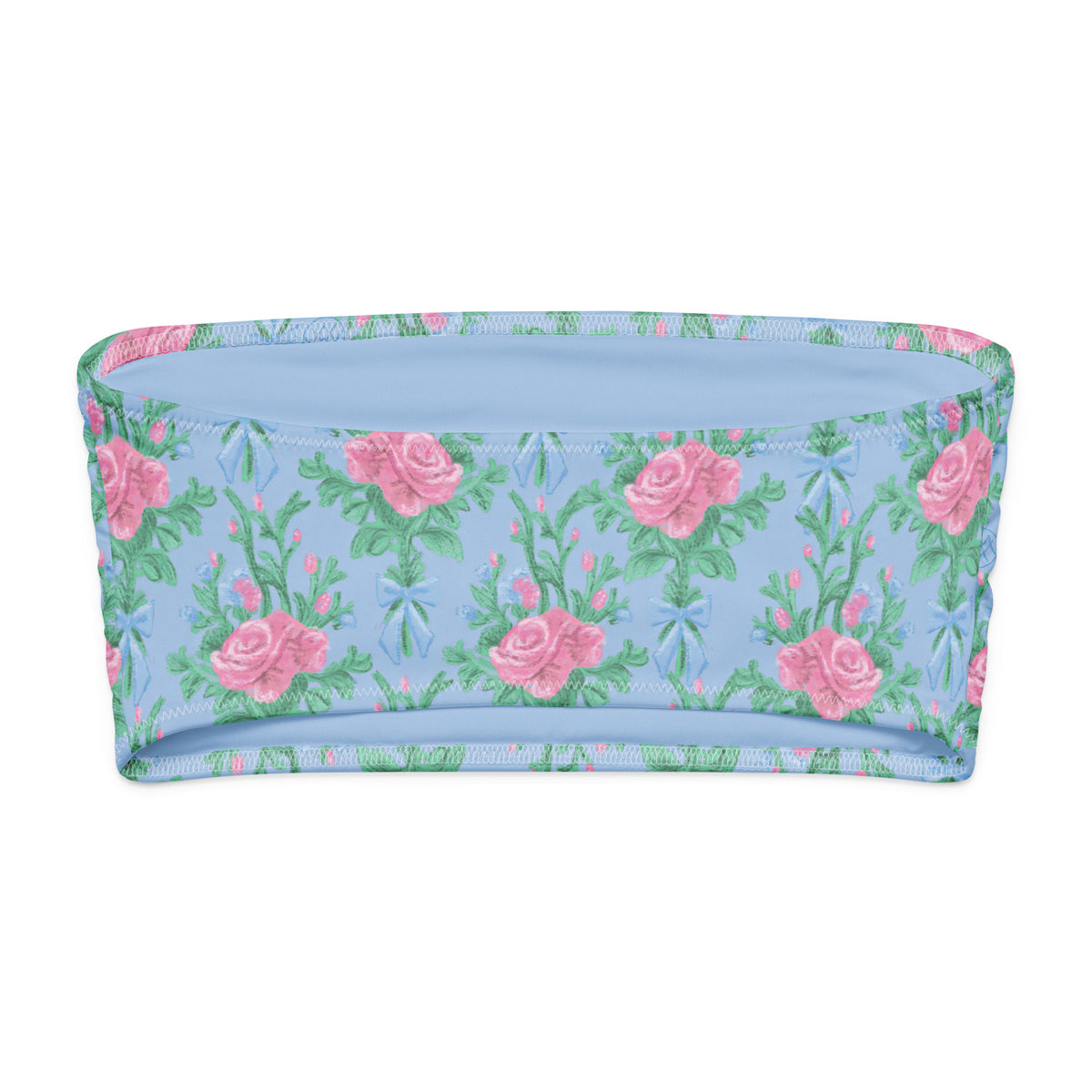 Bows & Blush coquette bandeau bikini top with powder blue, blush pink roses, green foliage and blue bows back