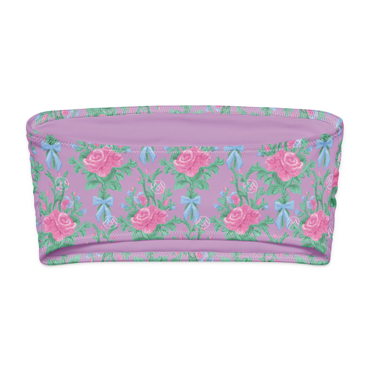 Lovely Lavender Tea coquette bandeau bikini top with lavender, pink roses, mint green foliage and powder blue bows back