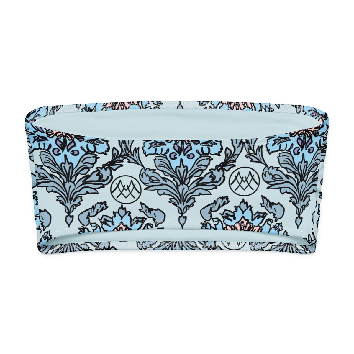 Blue Blossom Tea Room coquette bandeau bikini top with powder blue, navy blue and blush pink ornamental floral pattern back