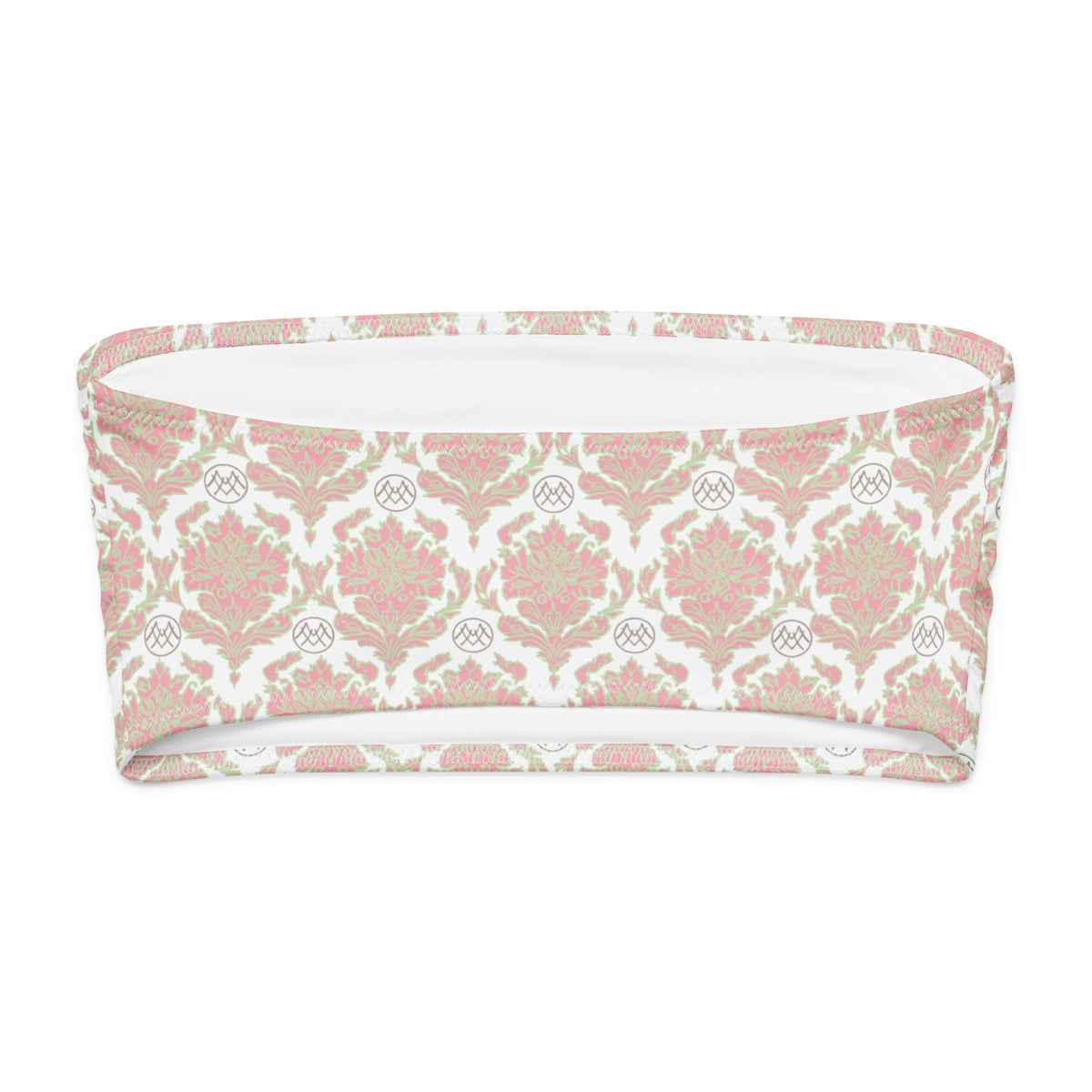 Sugar & Saucers coquette bandeau bikini top with petal pink, pale mint green and white ornamental botanical pattern back