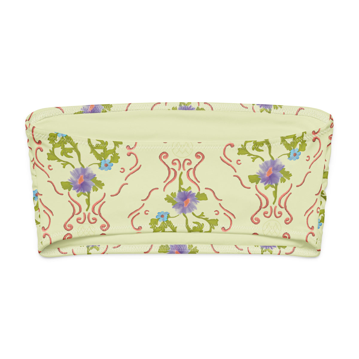Golden Hour Gala coquette bandeau bikini top with butter yellow, lavender purple, sky blue, chartreuse green and coral pink ornamental floral pattern back