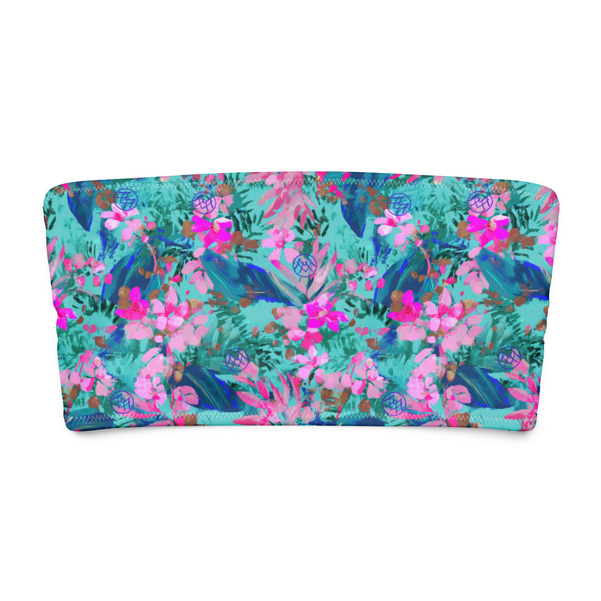 strapless bandeau bikini top in turquoise color with teal blue pink magenta floral tropical botanical feminine pattern showing the front