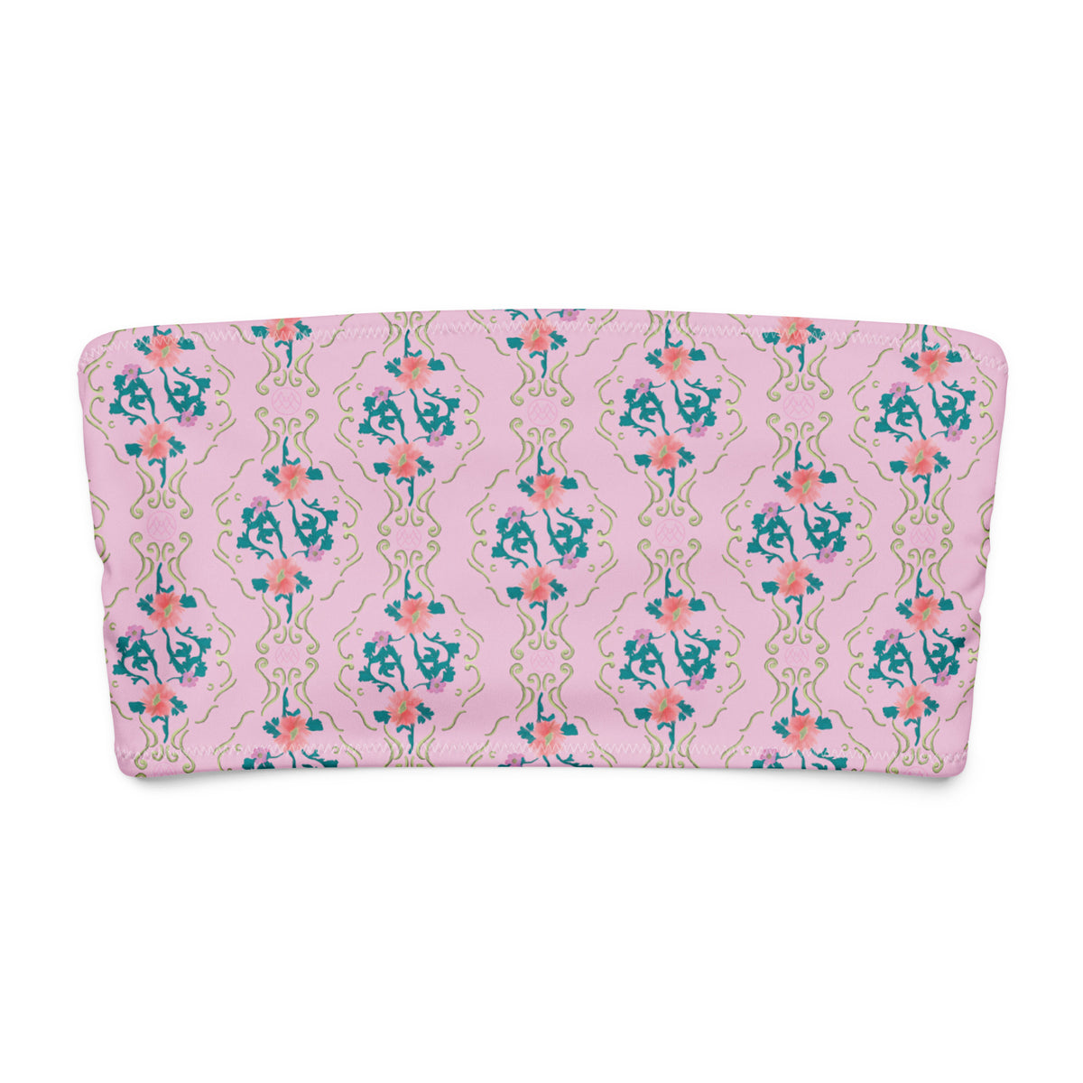 Petal Parlor coquette bandeau bikini top with pastel pink, teal, coral pink, lavender and sage green ornamental floral pattern front