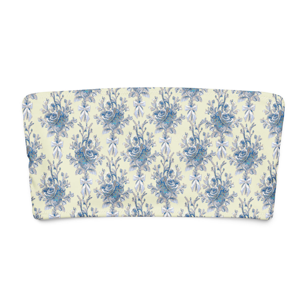 Tasteful Teacup coquette bandeau bikini top with buttercream yellow, blue roses, powder blue foliage and dainty blue bows front