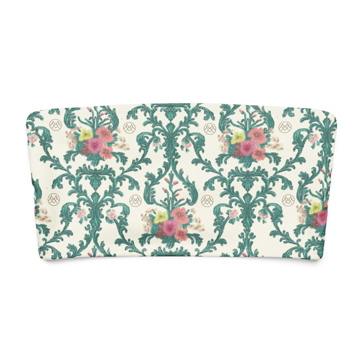 Chantilly Charm coquette bandeau bikini top with ivory cream, teal green, coral pink and blush pink ornamental floral pattern front