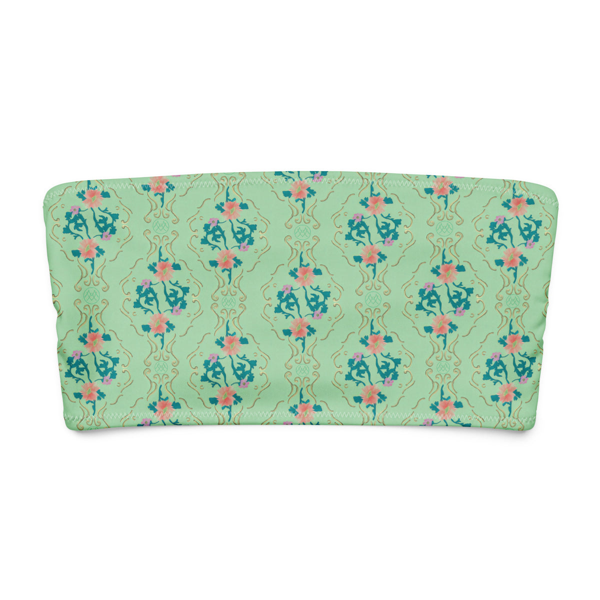 Blushwood Manor coquette bandeau bikini top with mint green, teal blue, blush pink and golden beige ornamental floral pattern front