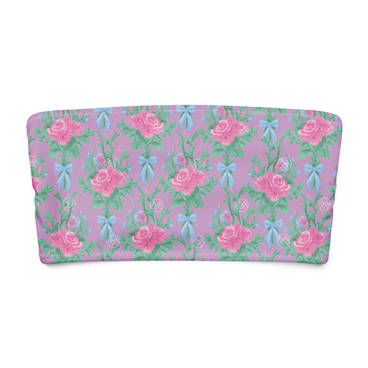 Lovely Lavender Tea coquette bandeau bikini top with lavender, pink roses, mint green foliage and powder blue bows front