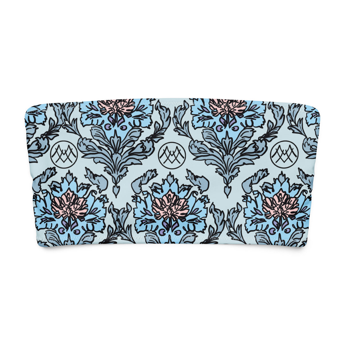Blue Blossom Tea Room coquette bandeau bikini top with powder blue, navy blue and blush pink ornamental floral pattern front