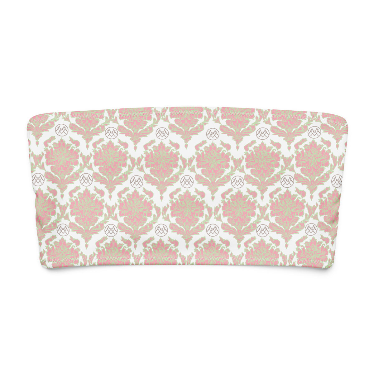 Sugar & Saucers coquette bandeau bikini top with petal pink, pale mint green and white ornamental botanical pattern front