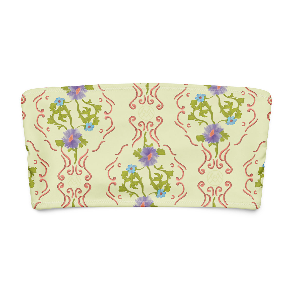 Golden Hour Gala coquette bandeau bikini top with butter yellow, lavender purple, sky blue, chartreuse green and coral pink ornamental floral pattern front