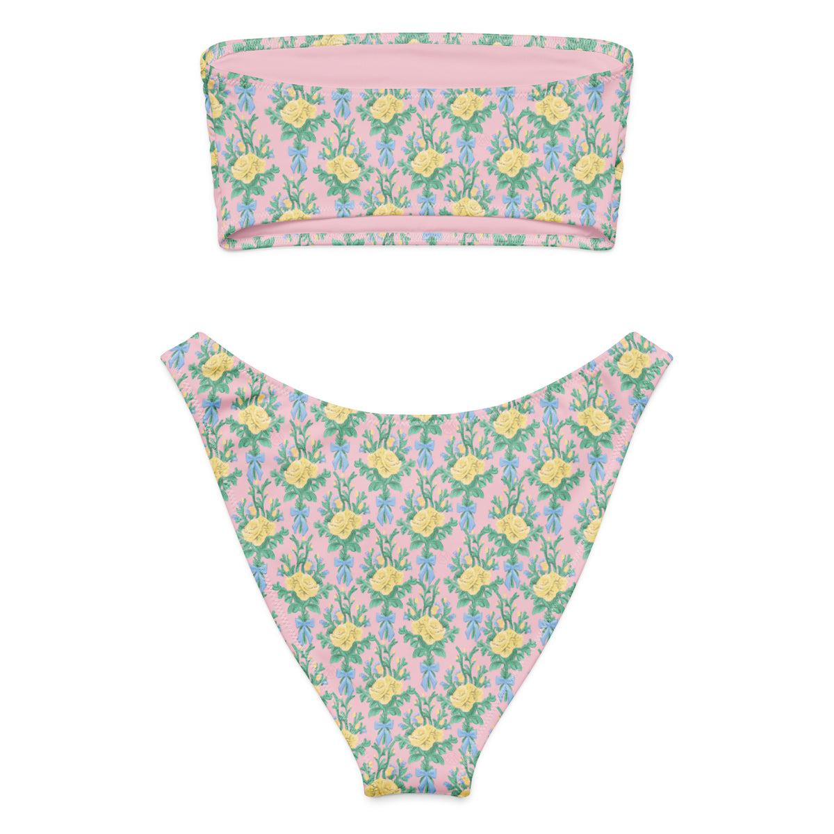 bandeau bikini with blush pink, butter yellow roses, green botanical foliage and powder blue bows, romantic coquette floral strapless swimwear, back