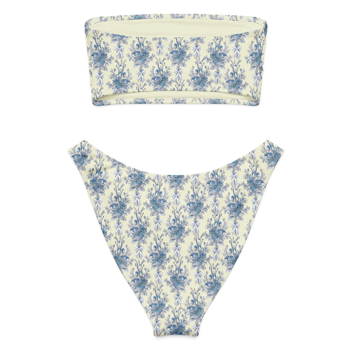 bandeau bikini with ivory cream, powder blue and cornflower blue botanical floral toile pattern, romantic coquette vintage-inspired strapless swimwear, back