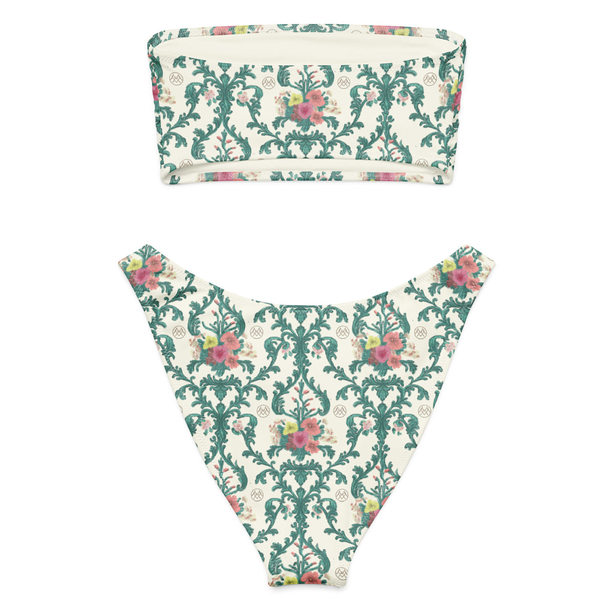 bandeau bikini with ivory, teal green, coral pink and blush ornate botanical floral pattern, romantic coquette vintage-inspired strapless swimwear, back