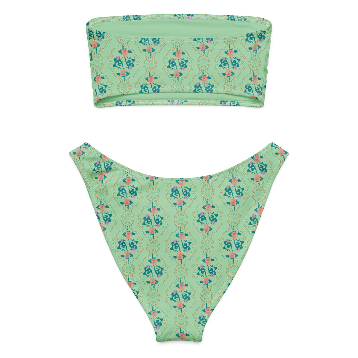 bandeau bikini with mint green, turquoise blue and coral pink ornate botanical floral pattern, romantic coquette strapless swimwear, back