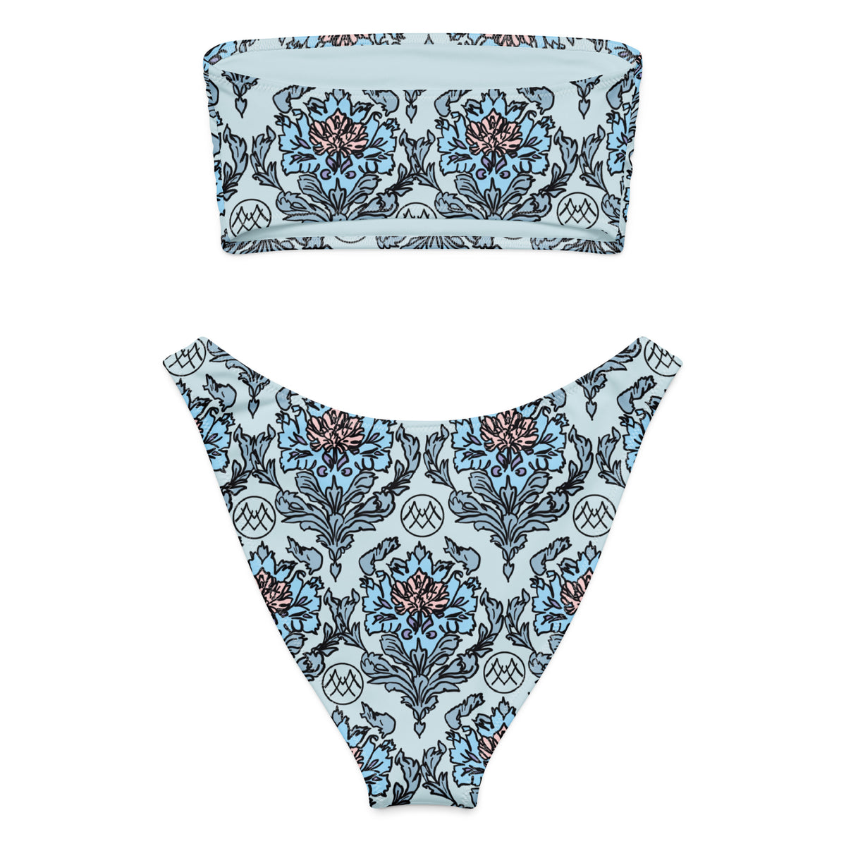 bandeau bikini with powder blue, deep blue and blush pink ornate botanical floral pattern, romantic coquette vintage-inspired strapless swimwear, back