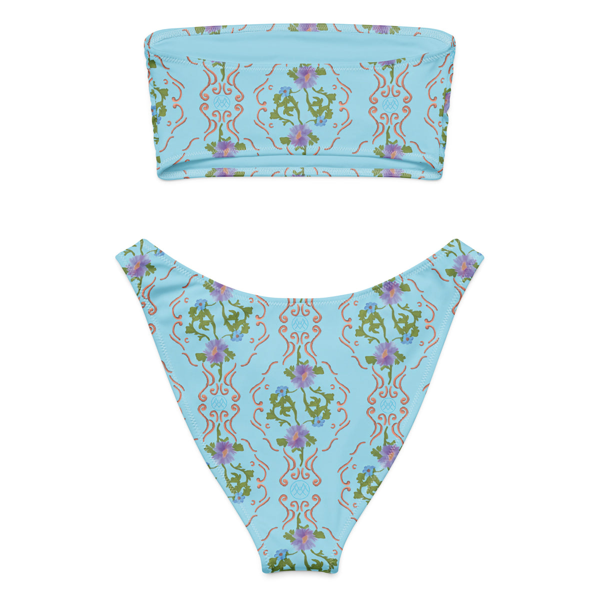bandeau bikini with sky blue, olive green, lavender purple and blush pink ornate botanical floral pattern, romantic coquette strapless swimwear, back