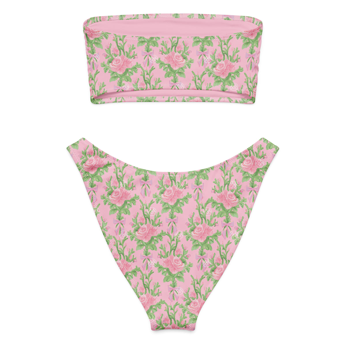 bandeau bikini with pastel pink roses and mint green botanical foliage, romantic coquette floral strapless swimwear, back