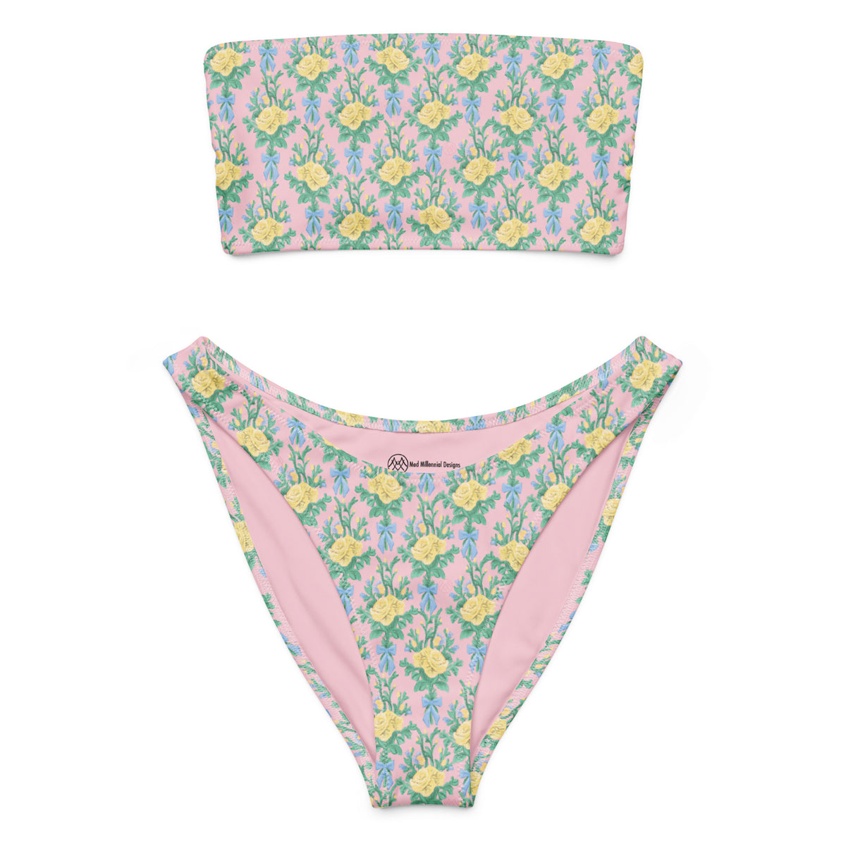 bandeau bikini with blush pink, butter yellow roses, green botanical foliage and powder blue bows, romantic coquette floral strapless swimwear, front