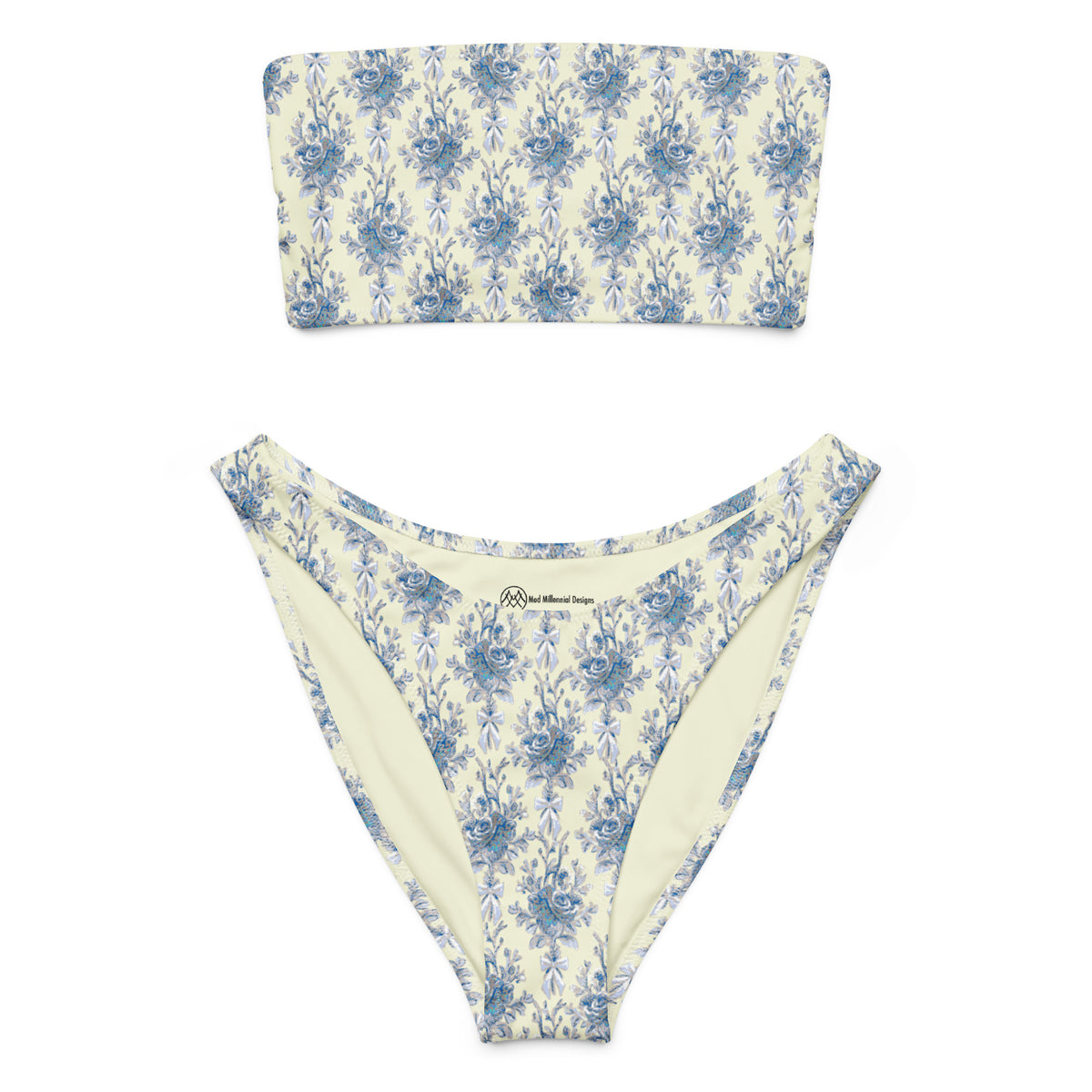 bandeau bikini with ivory cream, powder blue and cornflower blue botanical floral toile pattern, romantic coquette vintage-inspired strapless swimwear, front