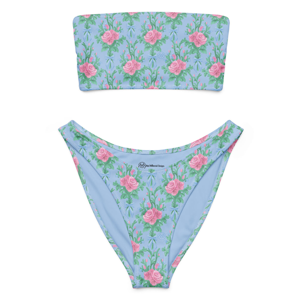 bandeau bikini with powder blue, blush pink roses, green botanical foliage and blue bows, romantic coquette floral strapless swimwear, front