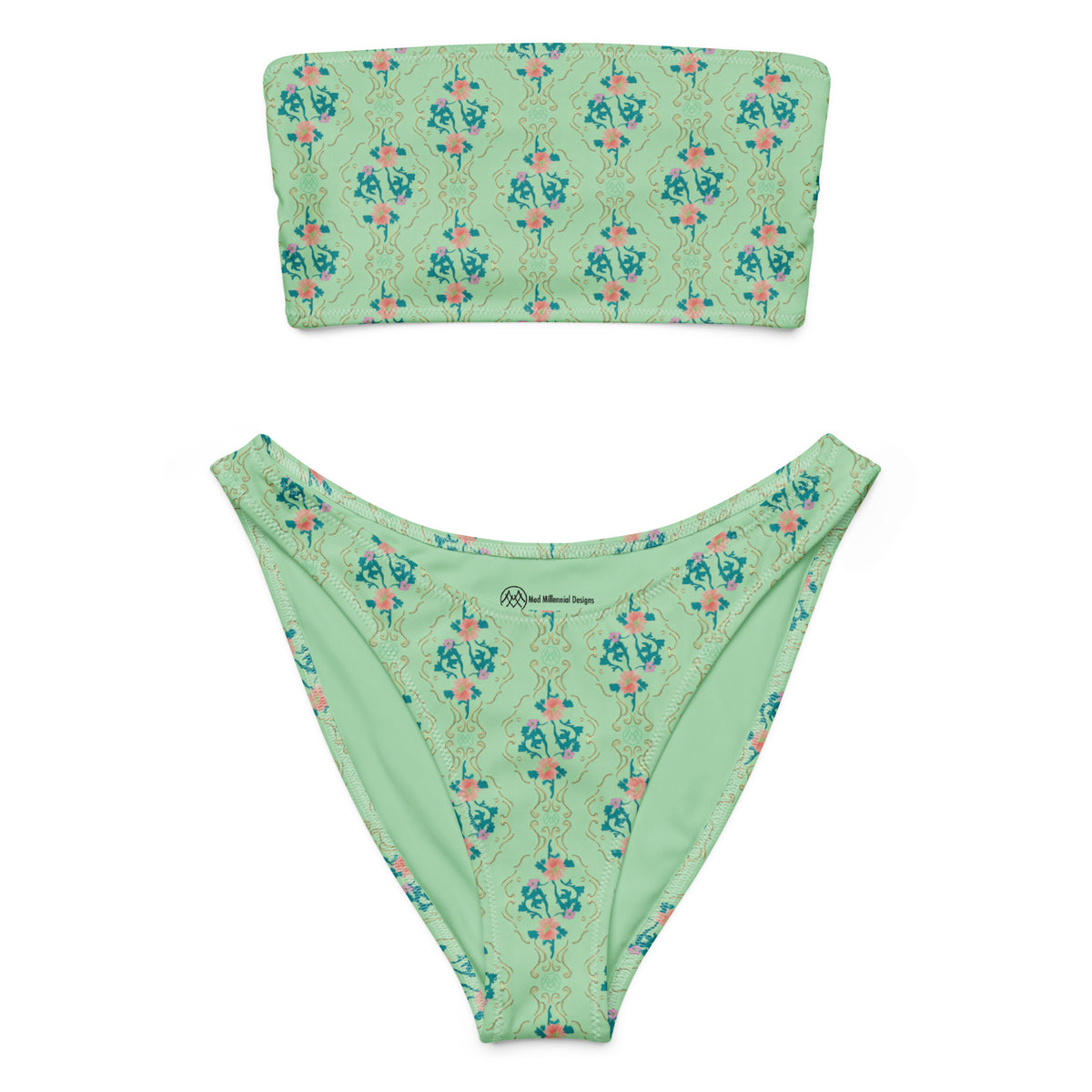 bandeau bikini with mint green, turquoise blue and coral pink ornate botanical floral pattern, romantic coquette strapless swimwear, front