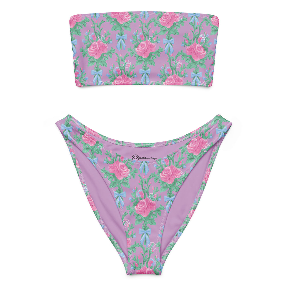 bandeau bikini with lavender, pink roses, mint green botanical foliage and powder blue bows, romantic coquette floral strapless swimwear, front