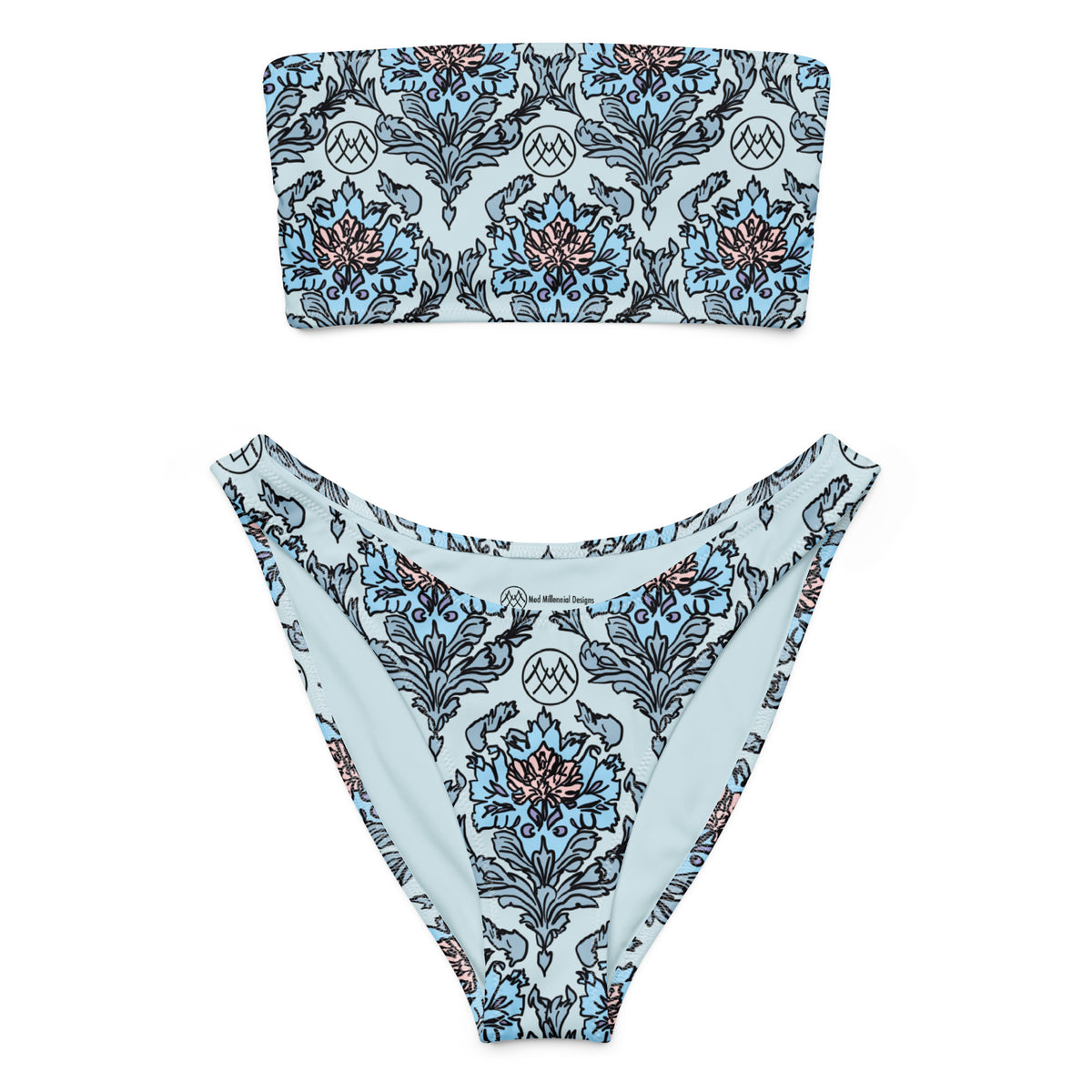 bandeau bikini with powder blue, deep blue and blush pink ornate botanical floral pattern, romantic coquette vintage-inspired strapless swimwear, front