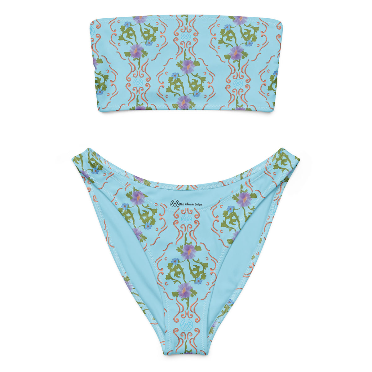 bandeau bikini with sky blue, olive green, lavender purple and blush pink ornate botanical floral pattern, romantic coquette strapless swimwear, front