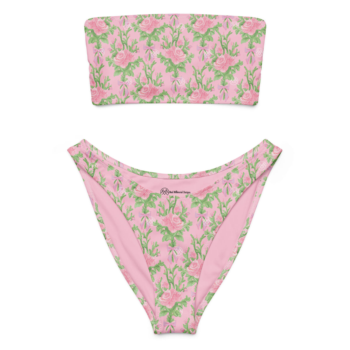 bandeau bikini with pastel pink roses and mint green botanical foliage, romantic coquette floral strapless swimwear, front