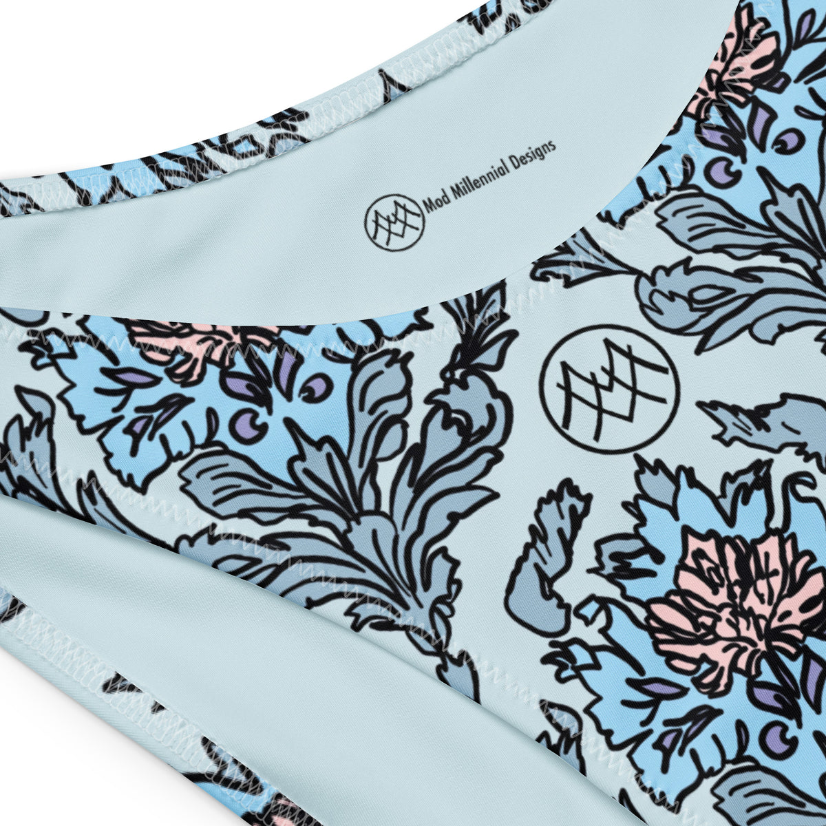 bandeau bikini with powder blue, deep blue and blush pink ornate botanical floral pattern, romantic coquette vintage-inspired strapless swimwear, showing the inner lining details