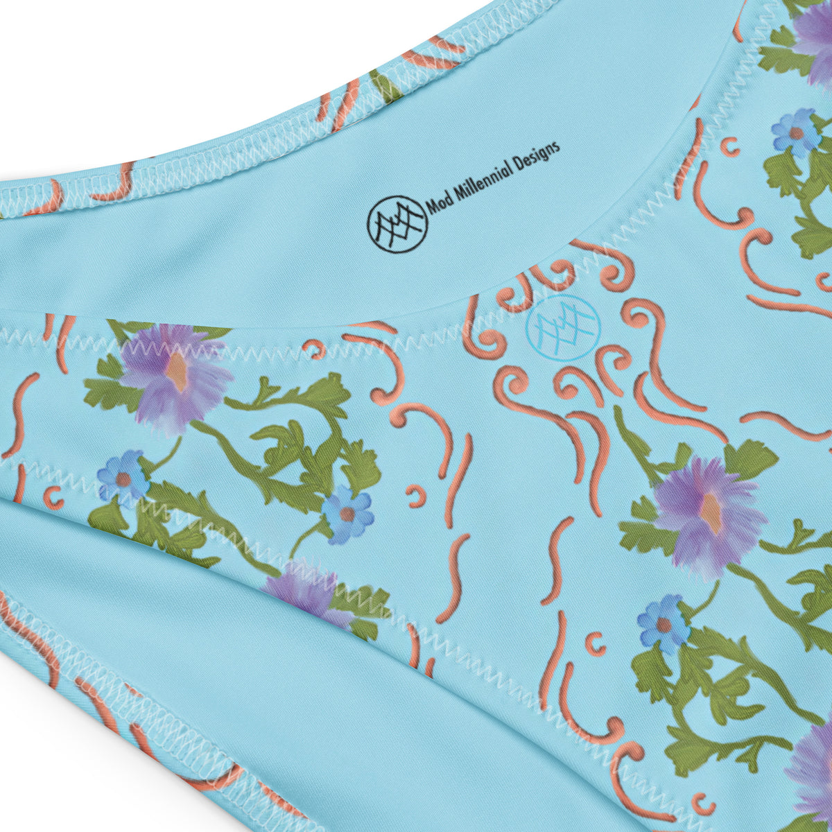 bandeau bikini with sky blue, olive green, lavender purple and blush pink ornate botanical floral pattern, romantic coquette strapless swimwear, showing the inner lining details