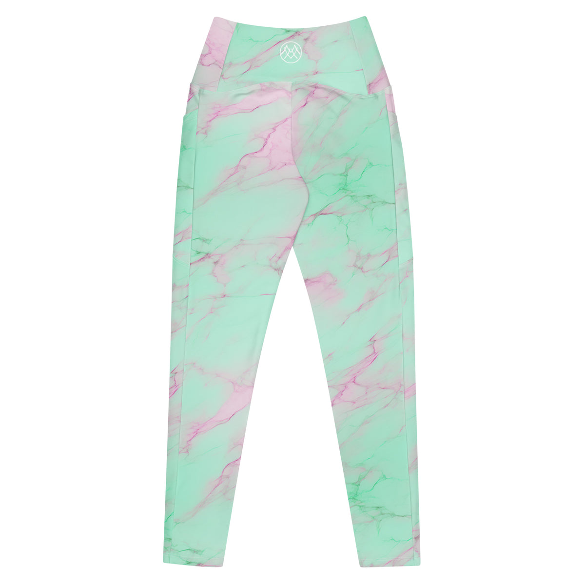 Obrey mint green crossover leggings with pink lavender marble pattern and side pockets back