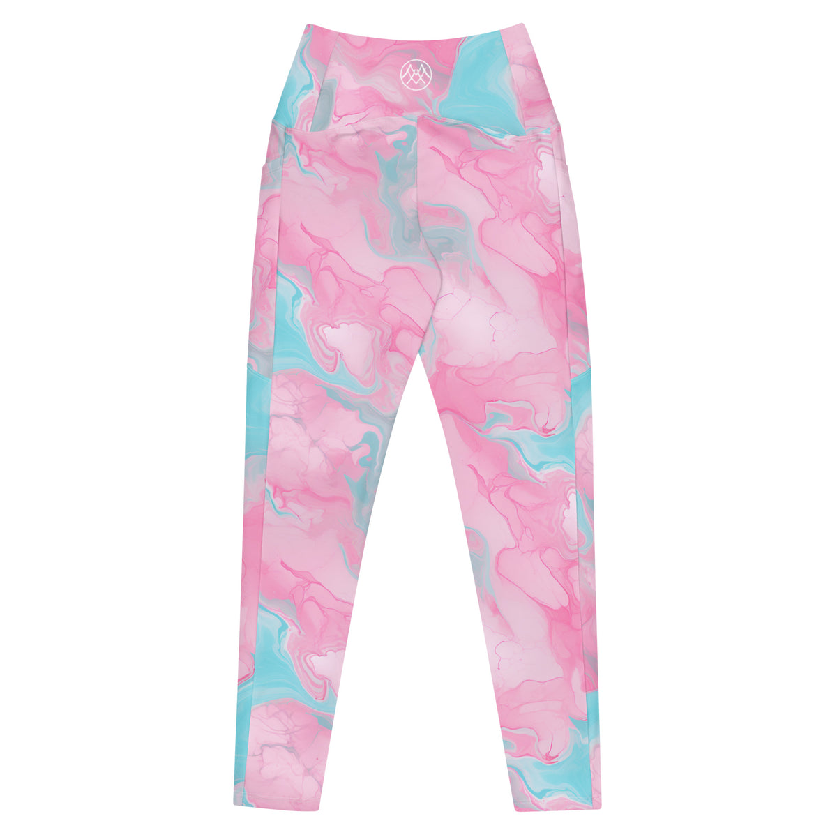 Ollie pink crossover leggings with aqua turquoise marble pattern and side pockets back