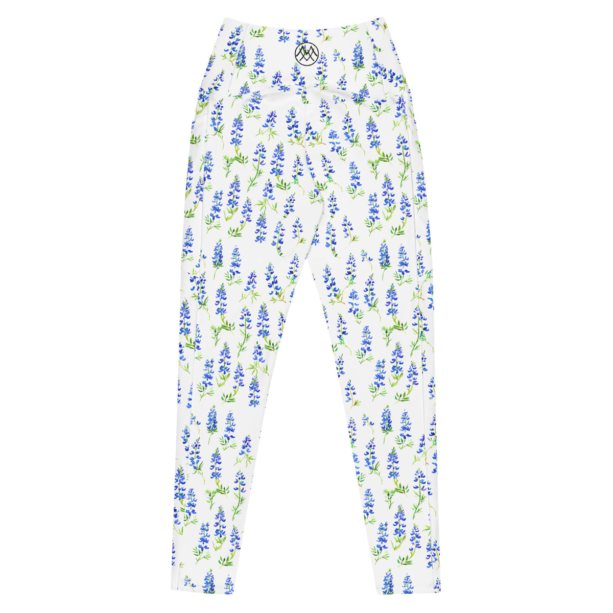 white crossover leggings with Texas bluebonnet feminine floral botanical pattern showing the back