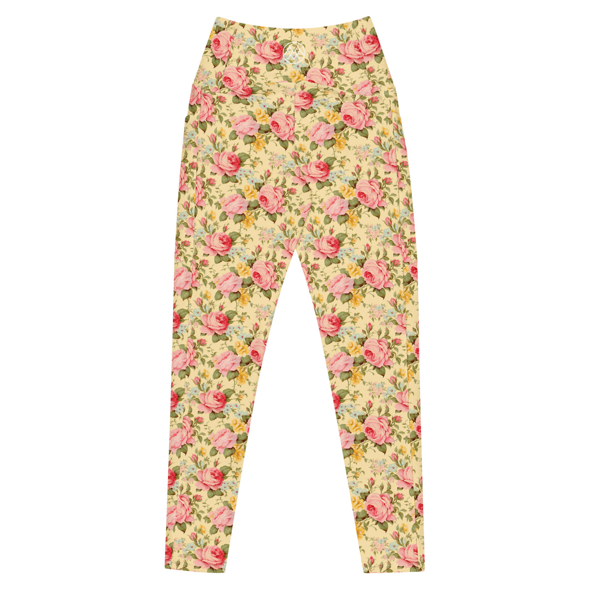 crossover butter yellow leggings with side pockets with pink yellow and blue rose florals feminine botanical patterns showing the back