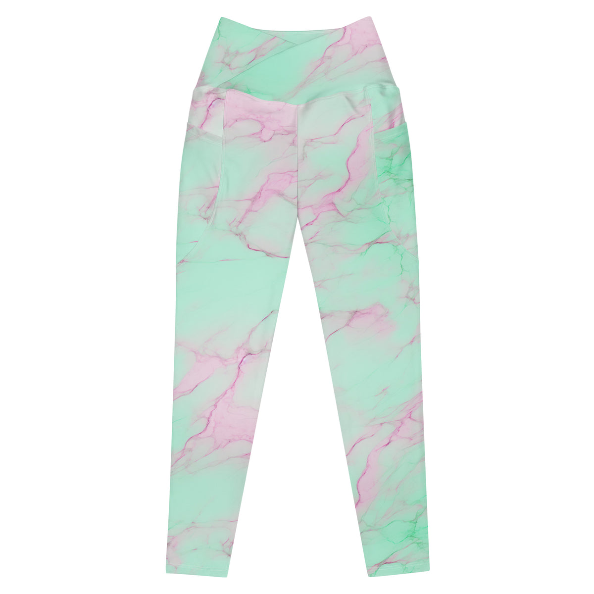 Obrey mint green crossover leggings with pink lavender marble pattern and side pockets front