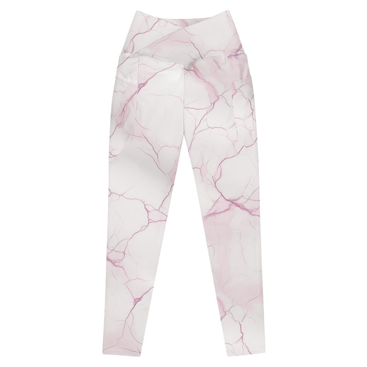 Odette white crossover leggings with blush pink marble veining and side pockets front