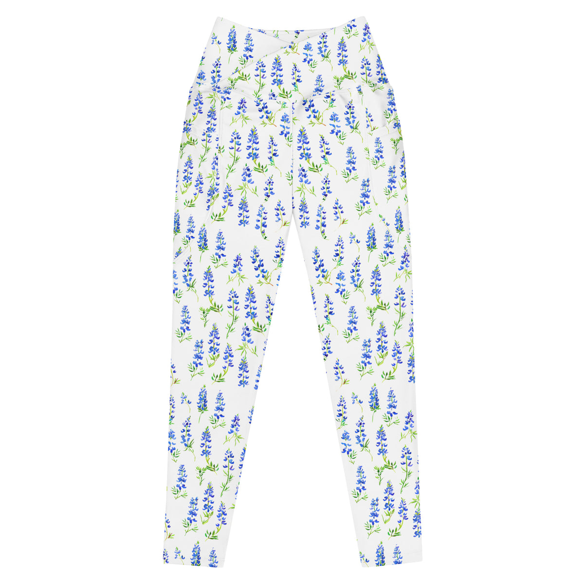 white crossover leggings with Texas bluebonnet feminine floral botanical pattern showing the front