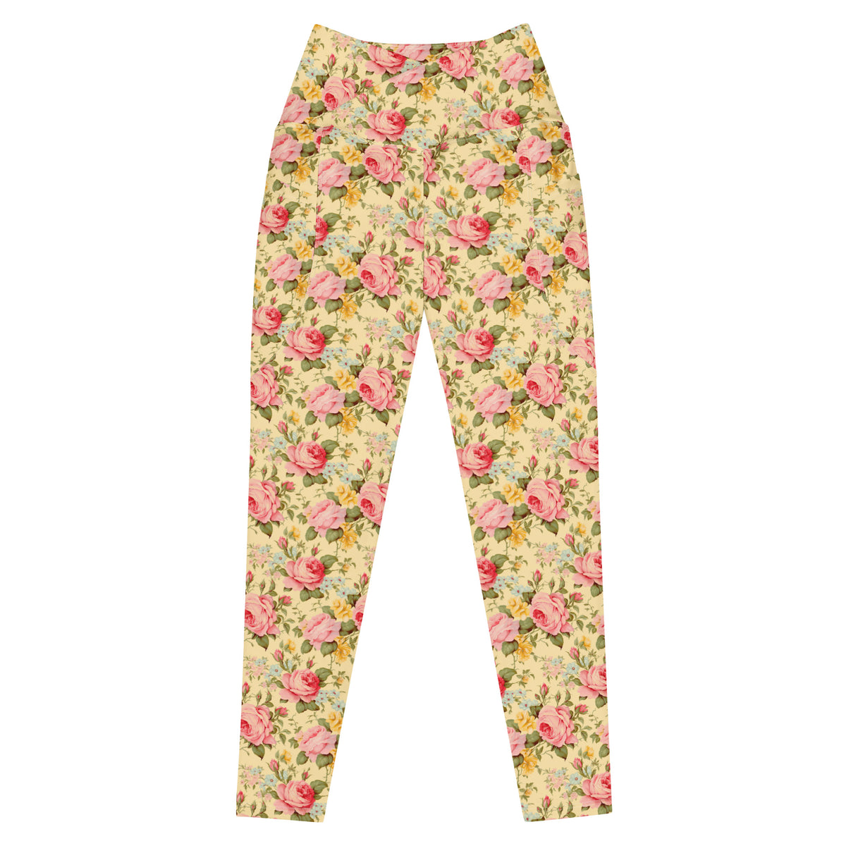 crossover butter yellow leggings with side pockets with pink yellow and blue rose florals feminine botanical patterns showing the front