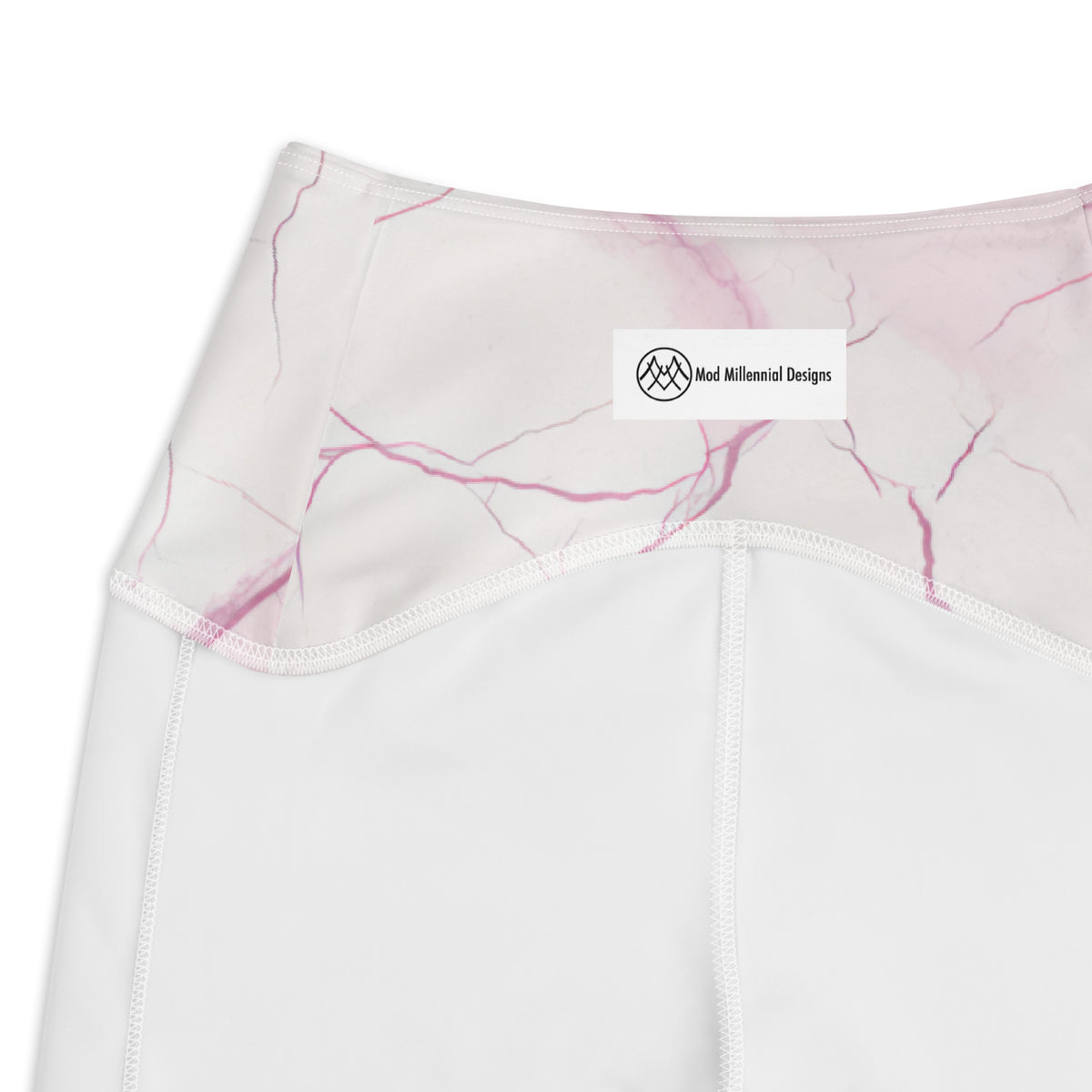 Odette white crossover leggings with blush pink marble veining and side pockets inner band details